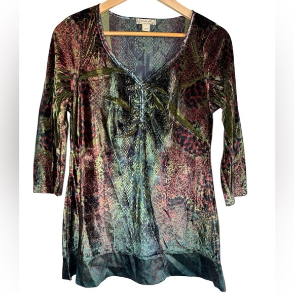 Vintage Whimsigoth Blouse Womens Y2K Small Stretch Burnout Velvet Green Brown - Picture 1 of 8